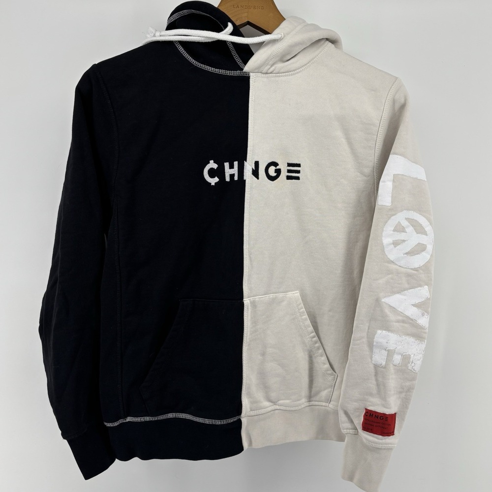 CHNGE Organic Cotton Hoodie Unisex Small Black‎ Cream Peace Activism Sweatshirt